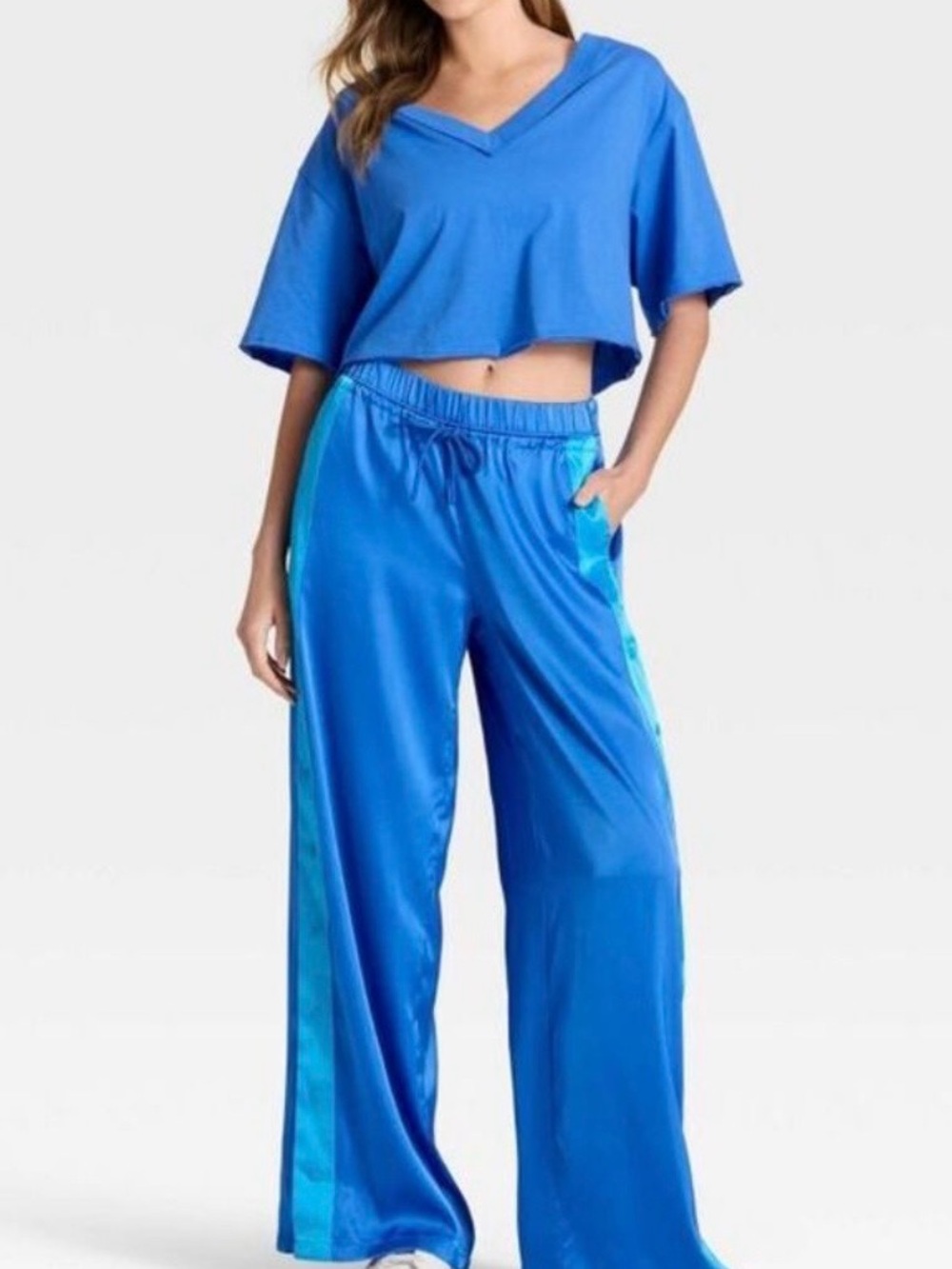 JoyLab Satin Tear Away Track Pants Blue Teal Side Stripe Size xxs